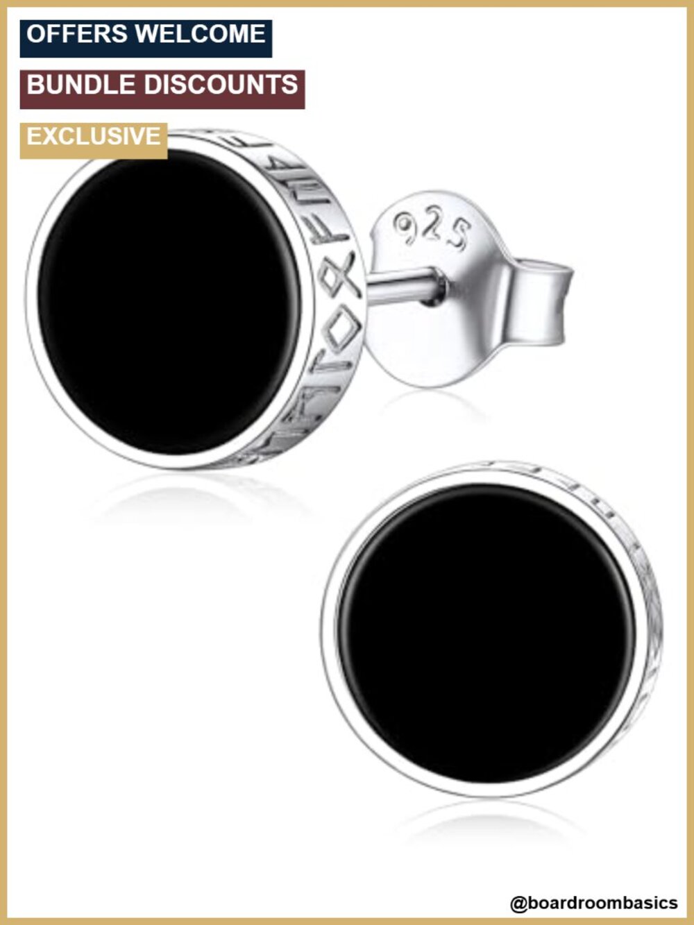 925 Sterling Silver Viking Rune Stud Earrings for Men Black Onyx